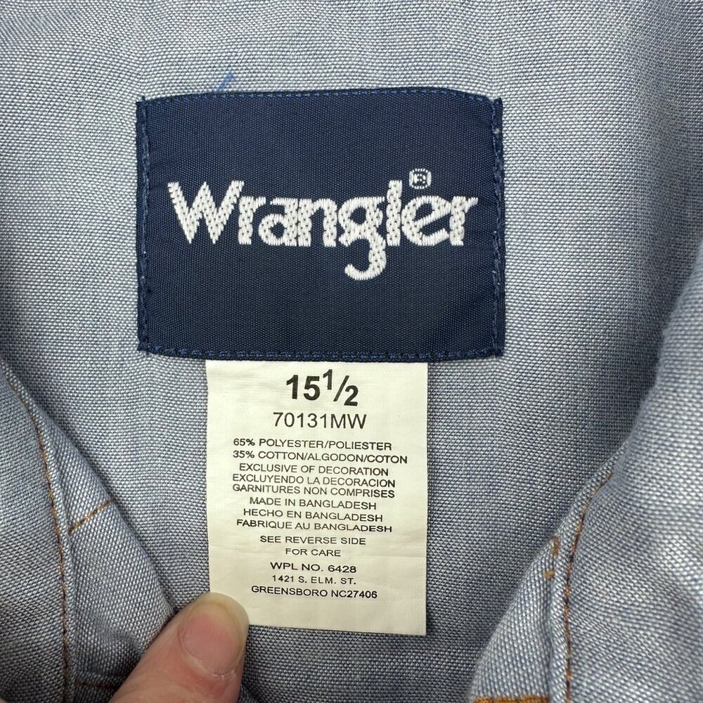 Vintage Western Pearl Snap Shirt Blue Short Sleeve Wrangler Cowboy Retro 15.5 - Picture 4 of 7